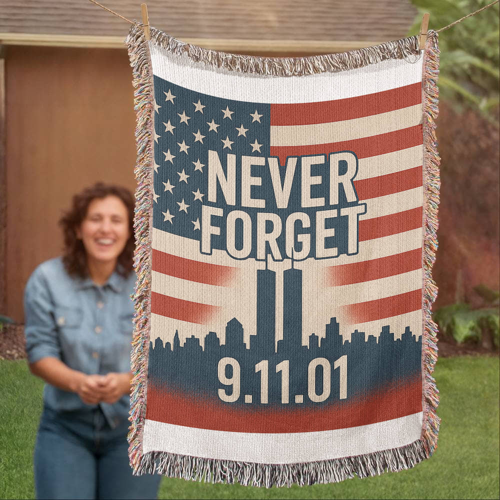 Woven Blanket - 9-11 Memorial US Flag Twin Towers New York Skyline Design