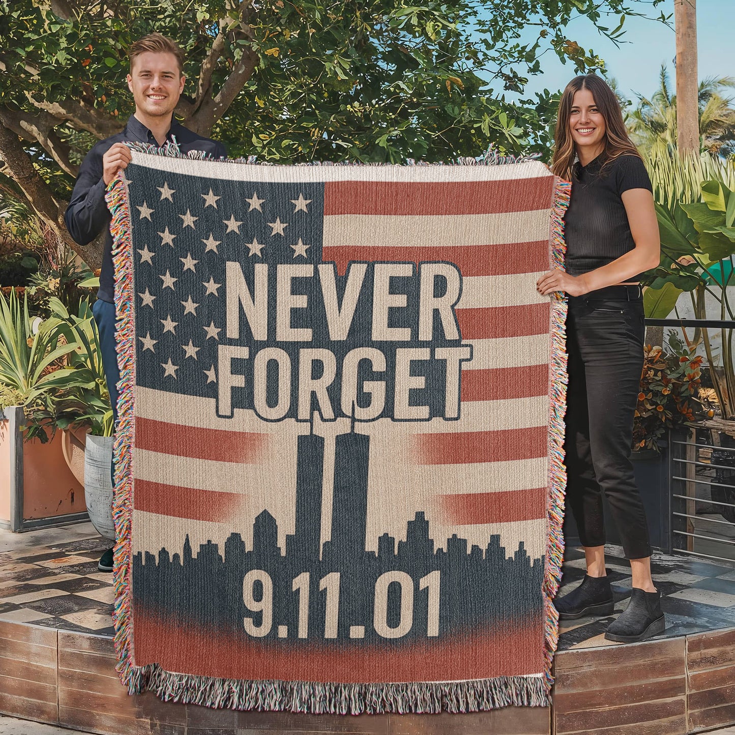 Woven Blanket - 9-11 Memorial US Flag Twin Towers New York Skyline Design