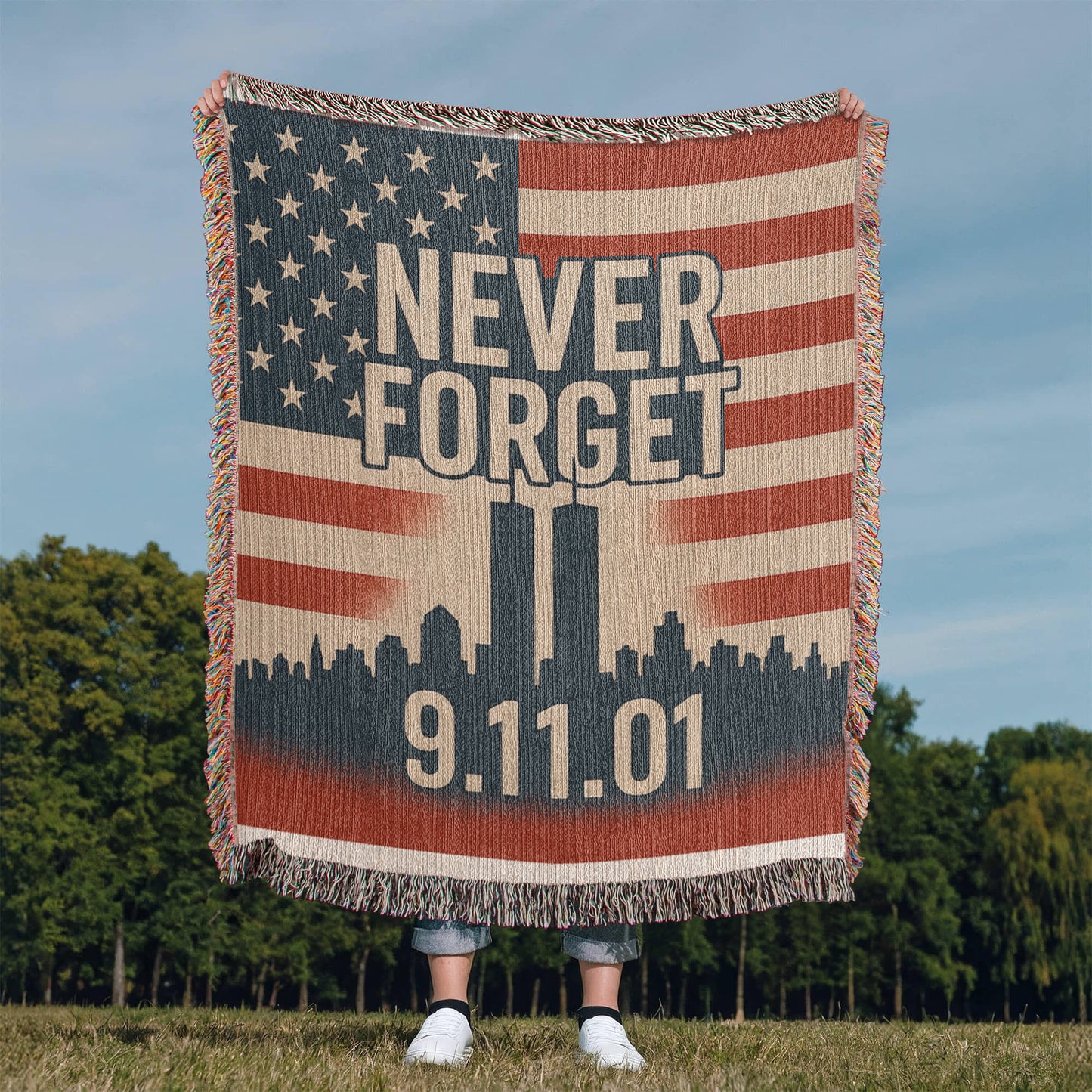 Woven Blanket - 9-11 Memorial US Flag Twin Towers New York Skyline Design