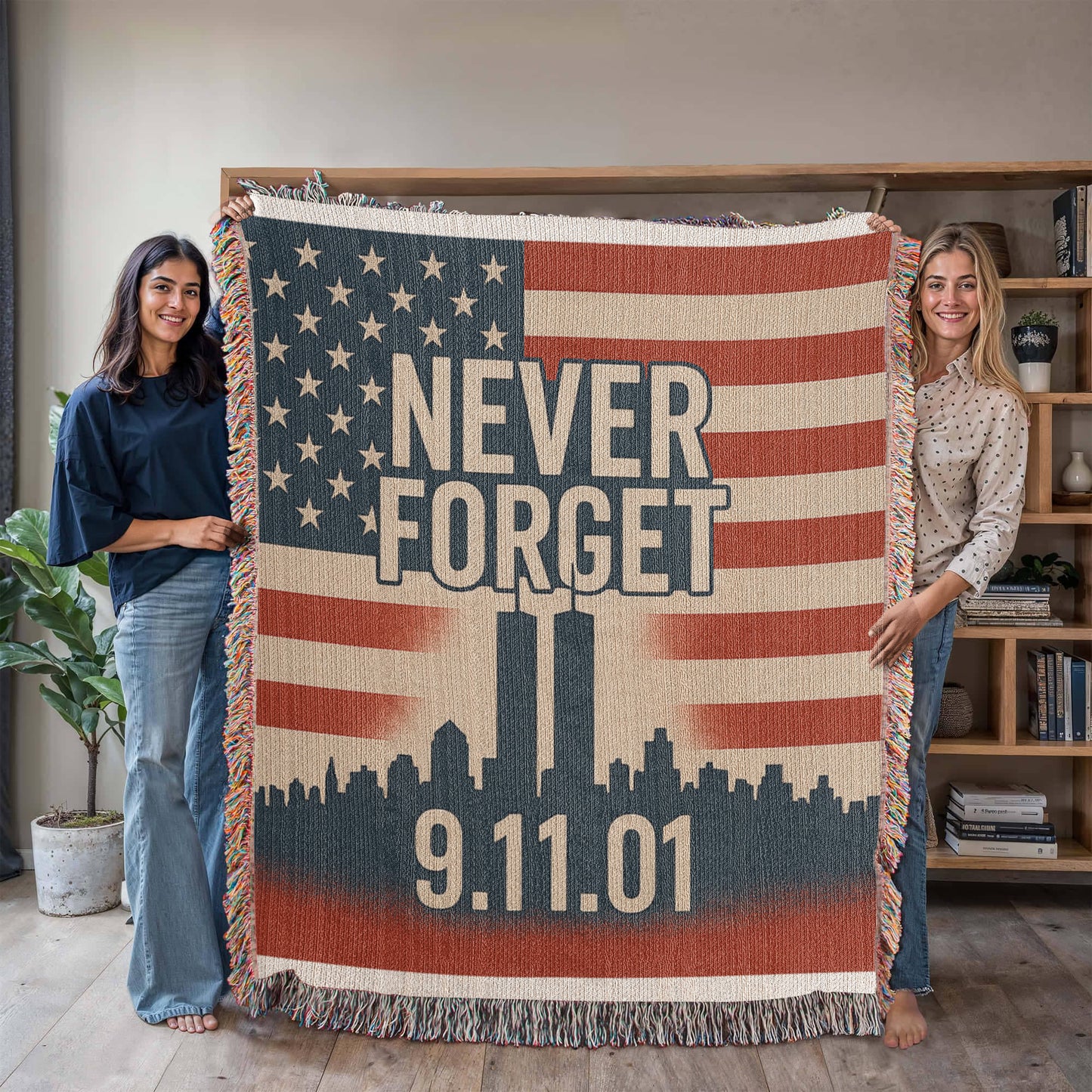 Woven Blanket - 9-11 Memorial US Flag Twin Towers New York Skyline Design