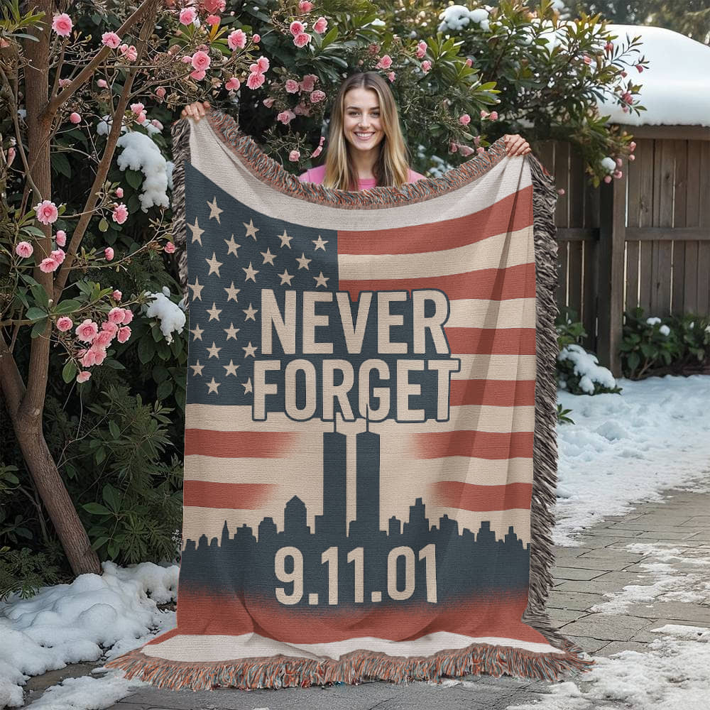 Woven Blanket - 9-11 Memorial US Flag Twin Towers New York Skyline Design