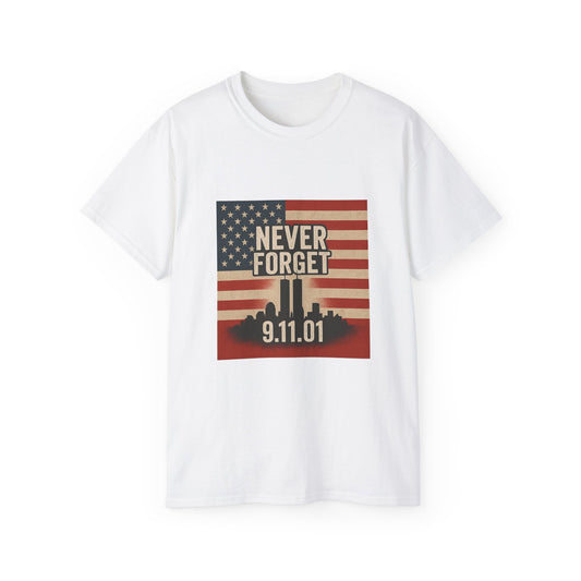 Memorial Tribute Tee, Never Forget 9/11 Shirt, Patriot Day, Commemorative T-Shirt, American Flag Design, Unisex Casual Wear