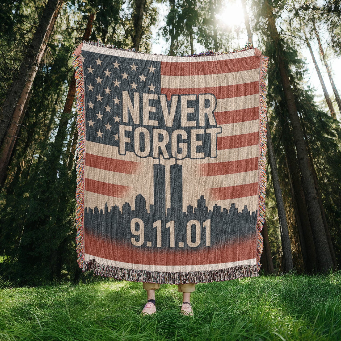 Woven Blanket - 9-11 Memorial US Flag Twin Towers New York Skyline Design