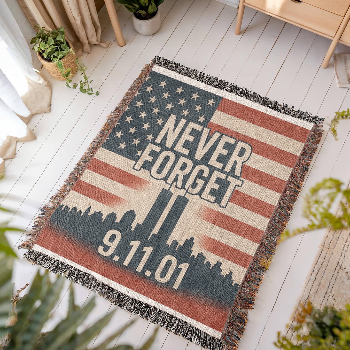 Woven Blanket - 9-11 Memorial US Flag Twin Towers New York Skyline Design